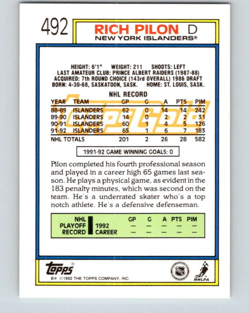 1992-93 Topps Gold #492G Rich Pilon Mint New York Islanders  Image 2