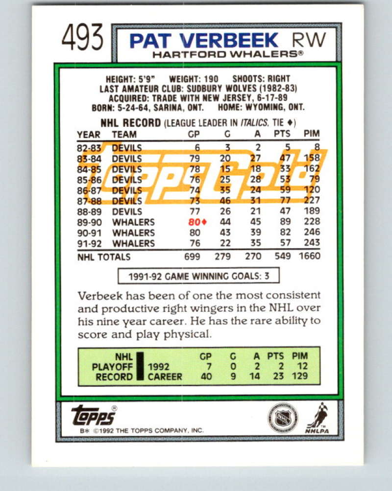 1992-93 Topps Gold #493G Pat Verbeek Mint Hartford Whalers  Image 2