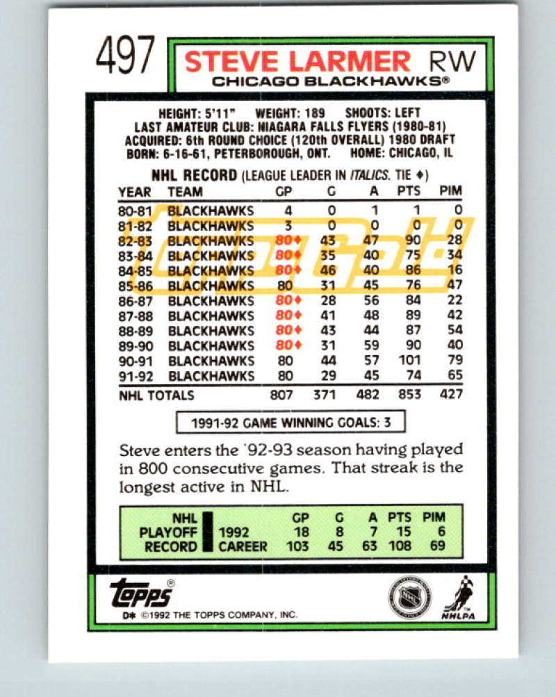 1992-93 Topps Gold #497G Steve Larmer Mint Chicago Blackhawks