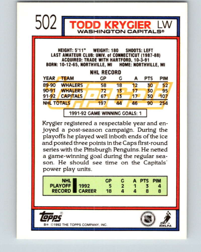 1992-93 Topps Gold #502G Todd Krygier Mint Washington Capitals