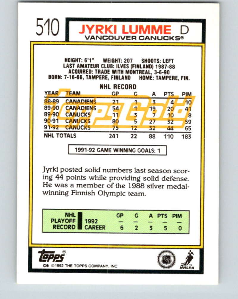 1992-93 Topps Gold #510G Jyrki Lumme Mint Vancouver Canucks  Image 2