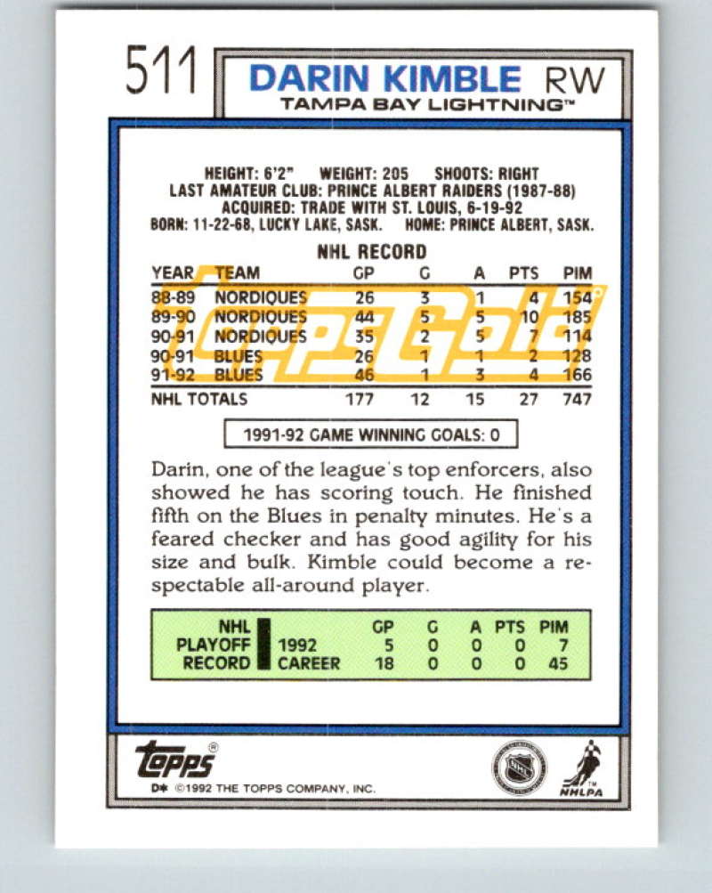 1992-93 Topps Gold #511G Darin Kimble Mint Tampa Bay Lightning