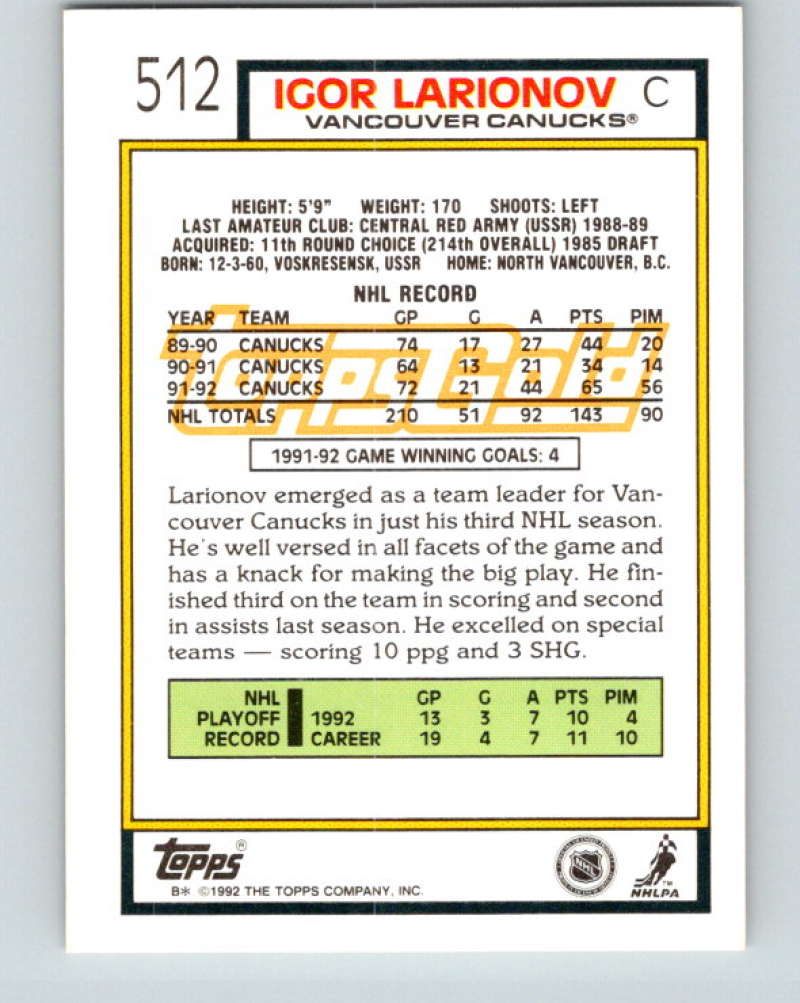 1992-93 Topps Gold #512G Igor Larionov Mint Vancouver Canucks  Image 2