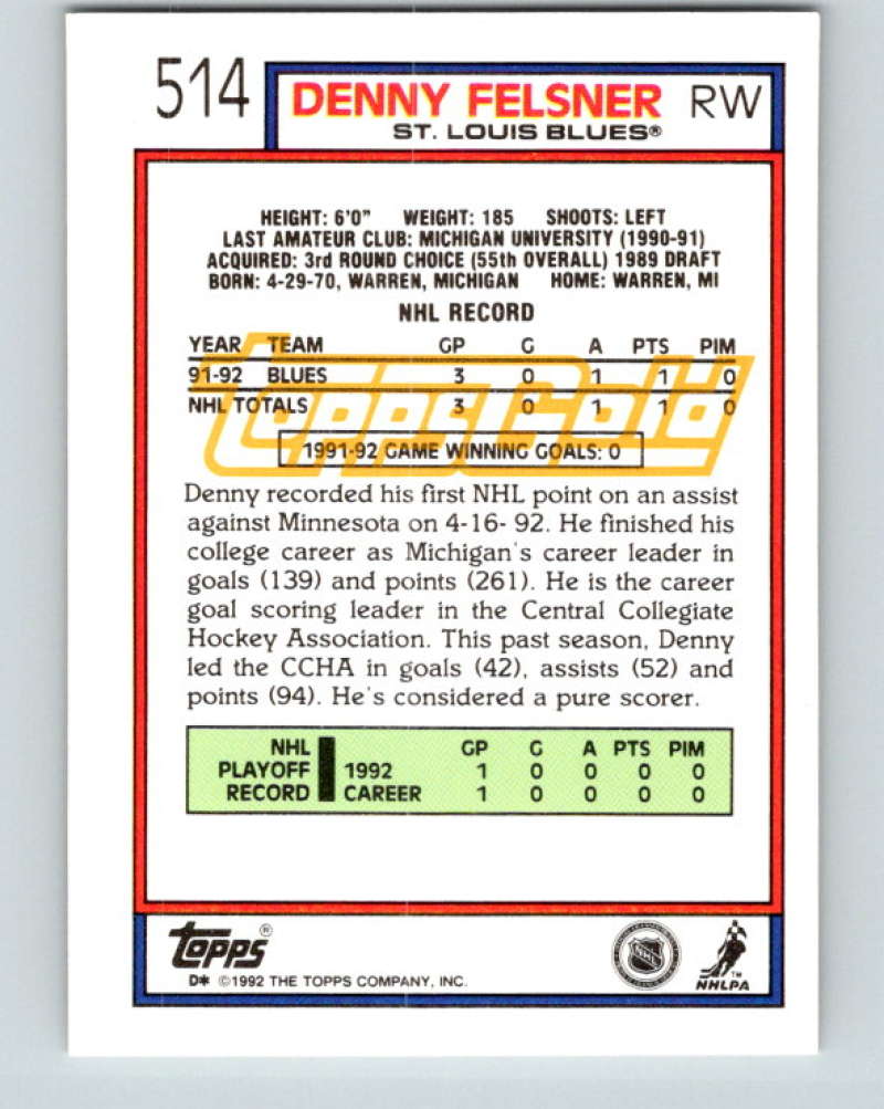 1992-93 Topps Gold #514G Denny Felsner Mint St. Louis Blues