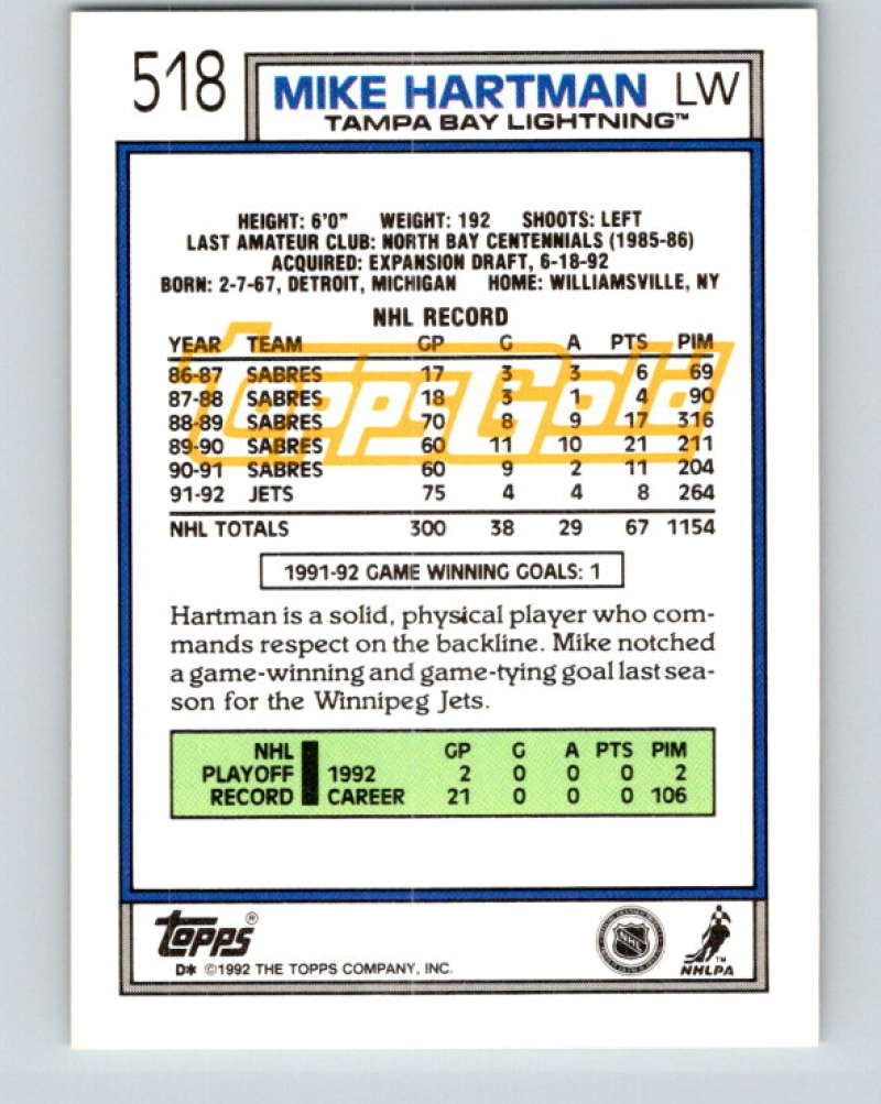 1992-93 Topps Gold #518G Mike Hartman Mint Winnipeg Jets