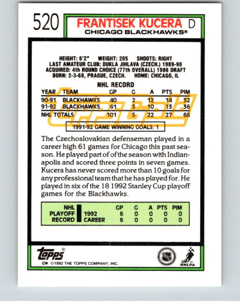 1992-93 Topps Gold #520G Frantisek Kucera Mint Chicago Blackhawks  Image 2