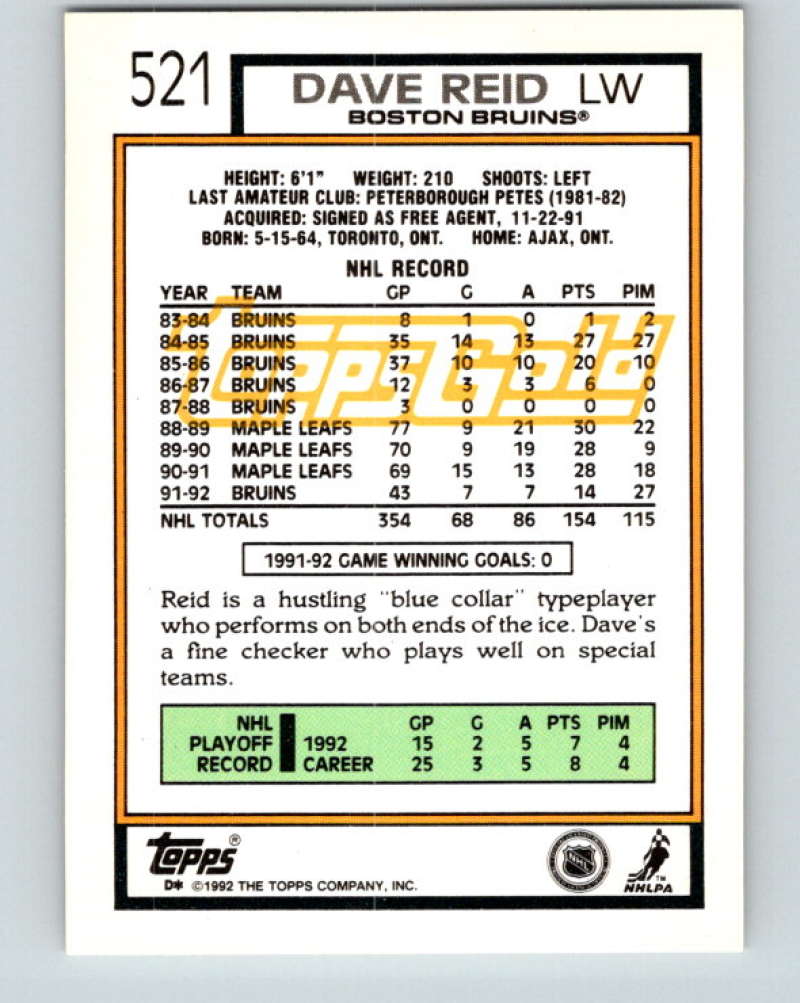 1992-93 Topps Gold #521G David Reid Mint Boston Bruins  Image 2