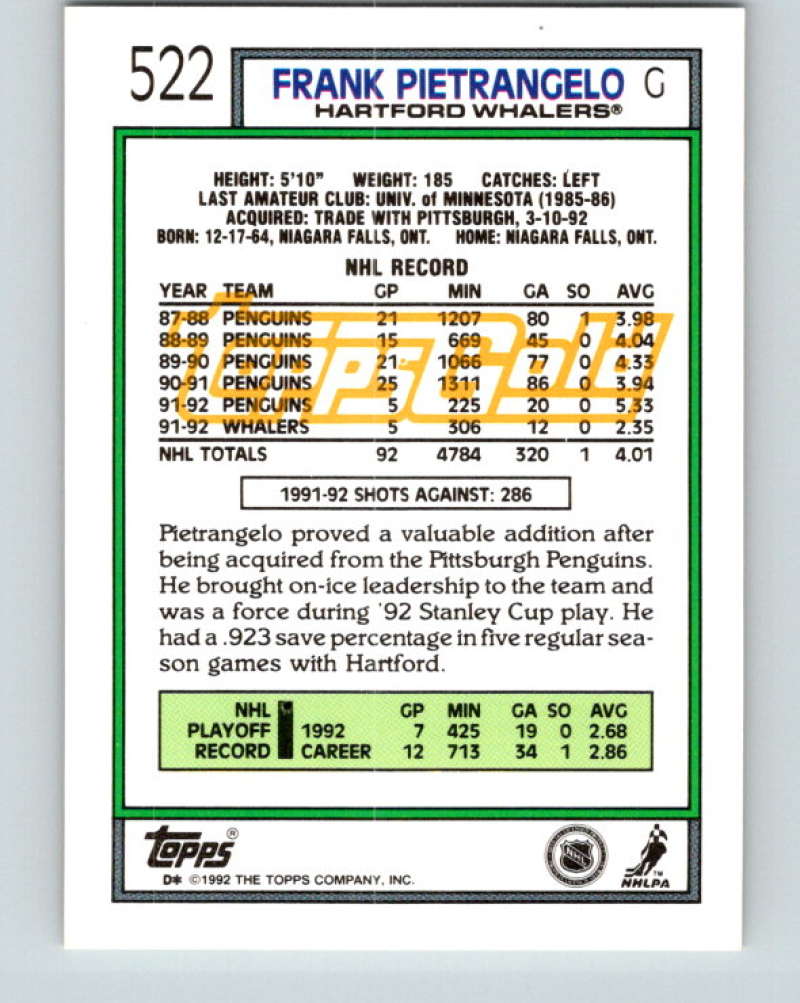 1992-93 Topps Gold #522G Frank Pietrangelo Mint Hartford Whalers