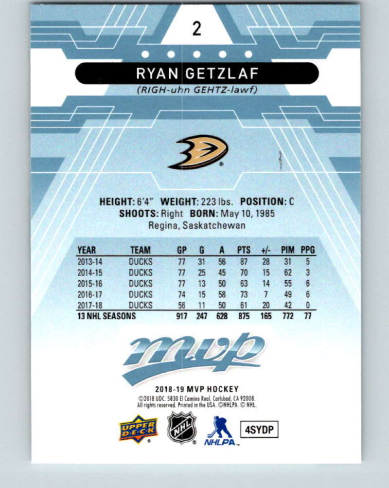 2018-19 Upper Deck MVP #2 Ryan Getzlaf Mint Anaheim Ducks  Image 2