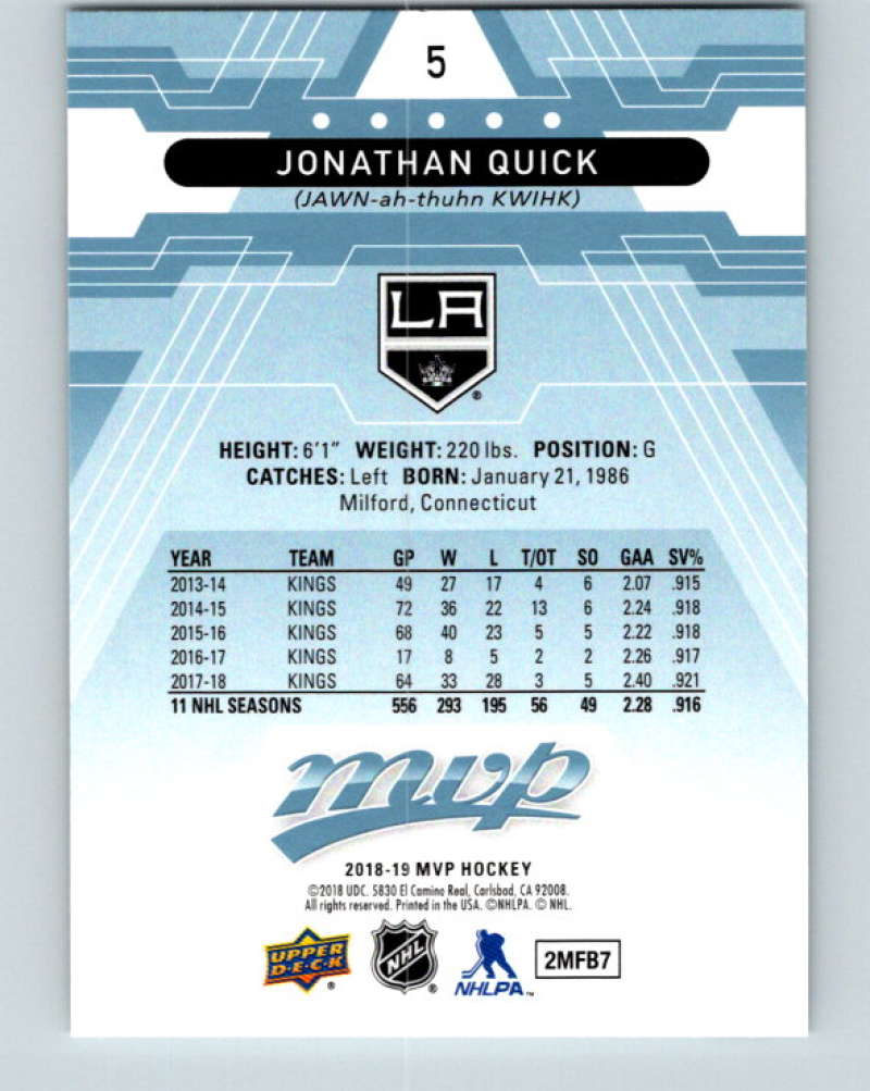 2018-19 Upper Deck MVP #5 Jonathan Quick Mint Los Angeles Kings  Image 2