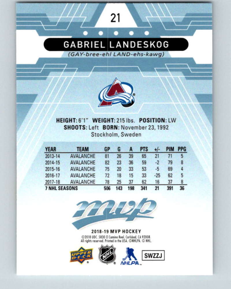 2018-19 Upper Deck MVP #21 Gabriel Landeskog Mint Colorado Avalanche  Image 2