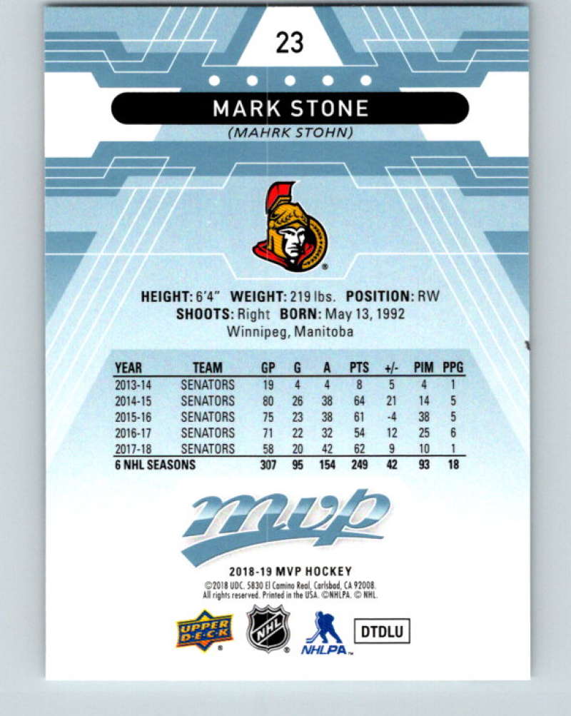2018-19 Upper Deck MVP #23 Mark Stone Mint Ottawa Senators  Image 2