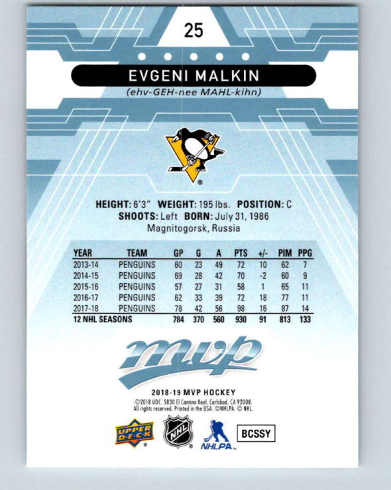 2018-19 Upper Deck MVP #25 Evgeni Malkin Mint Pittsburgh Penguins  Image 2