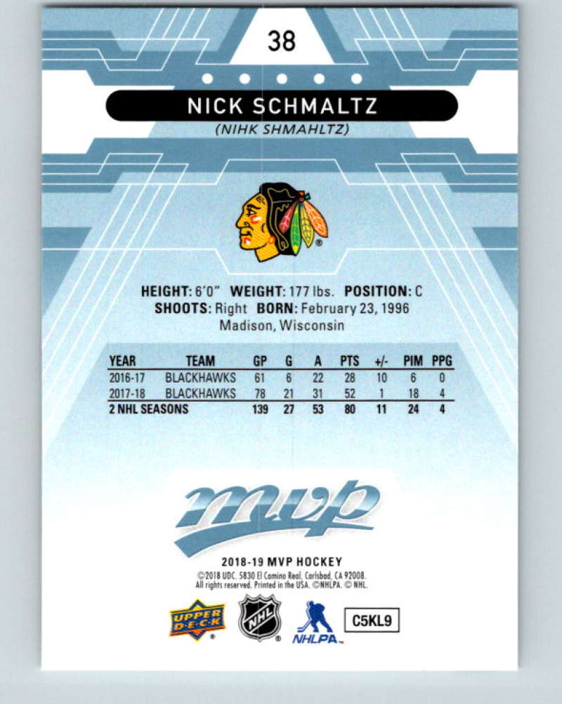 2018-19 Upper Deck MVP #38 Nick Schmaltz Mint Chicago Blackhawks  Image 2