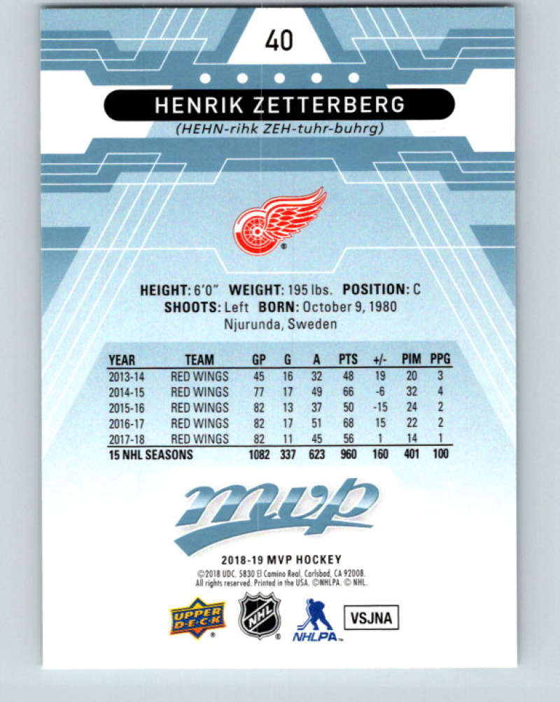 2018-19 Upper Deck MVP #40 Henrik Zetterberg Mint Detroit Red Wings  Image 2