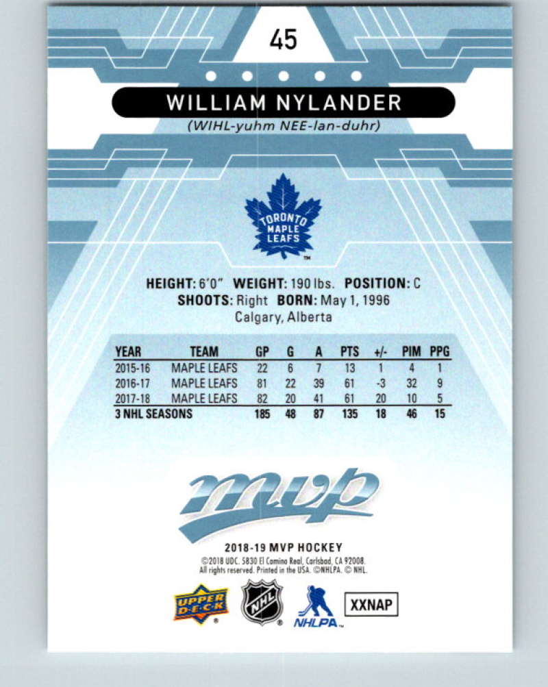 2018-19 Upper Deck MVP #45 William Nylander Mint Toronto Maple Leafs  Image 2