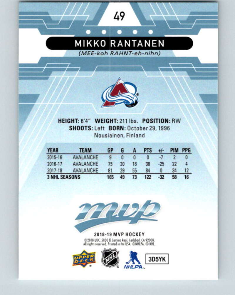 2018-19 Upper Deck MVP #49 Mikko Rantanen Mint Colorado Avalanche  Image 2