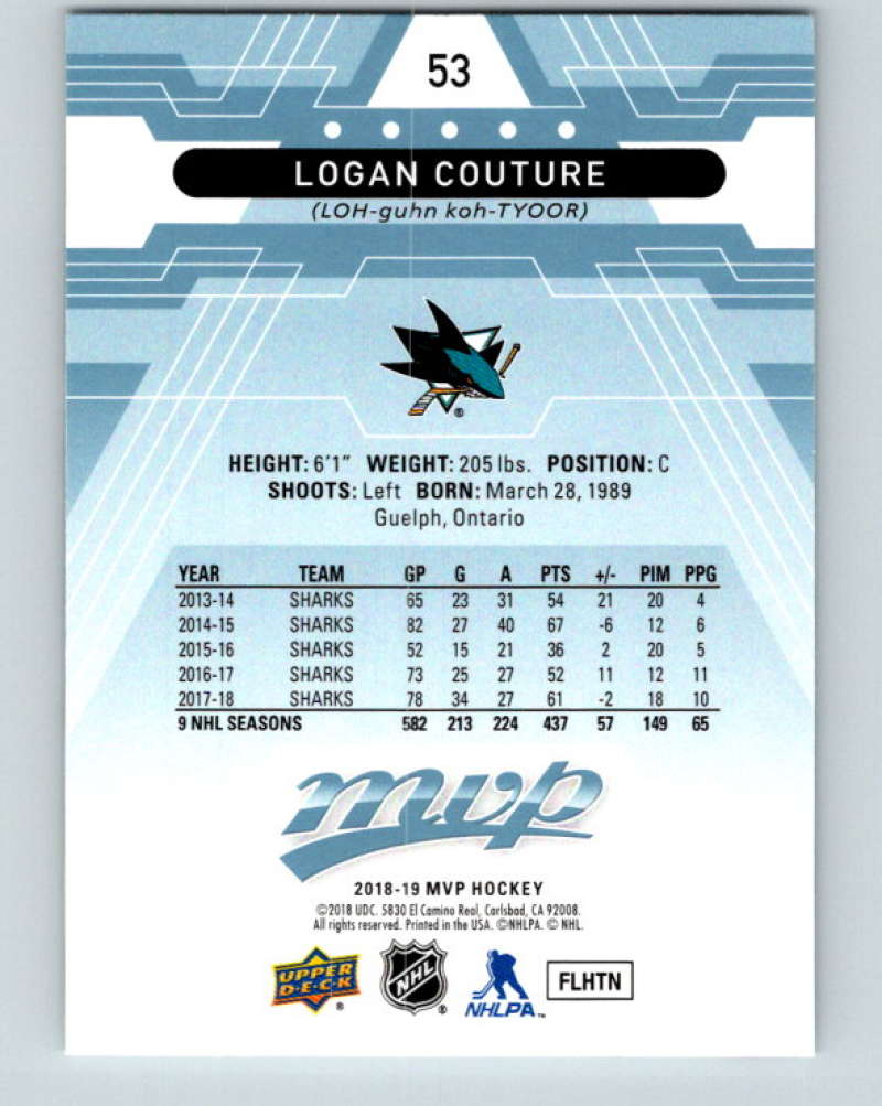 2018-19 Upper Deck MVP #53 Logan Couture Mint San Jose Sharks  Image 2
