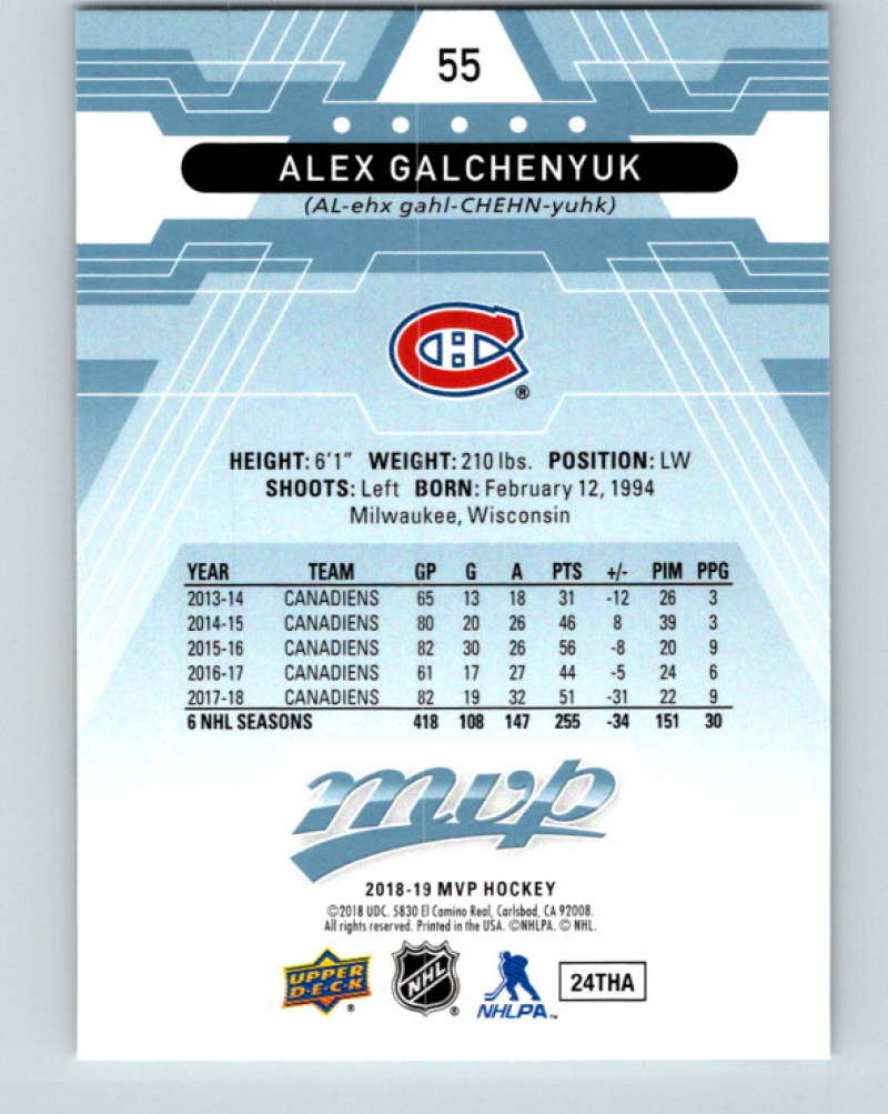 2018-19 Upper Deck MVP #55 Alex Galchenyuk Mint Montreal Canadiens  Image 2