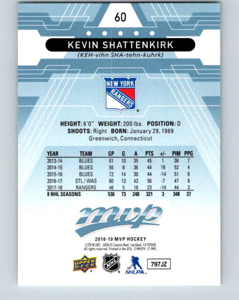 2018-19 Upper Deck MVP #60 Kevin Shattenkirk Mint New York Rangers  Image 2