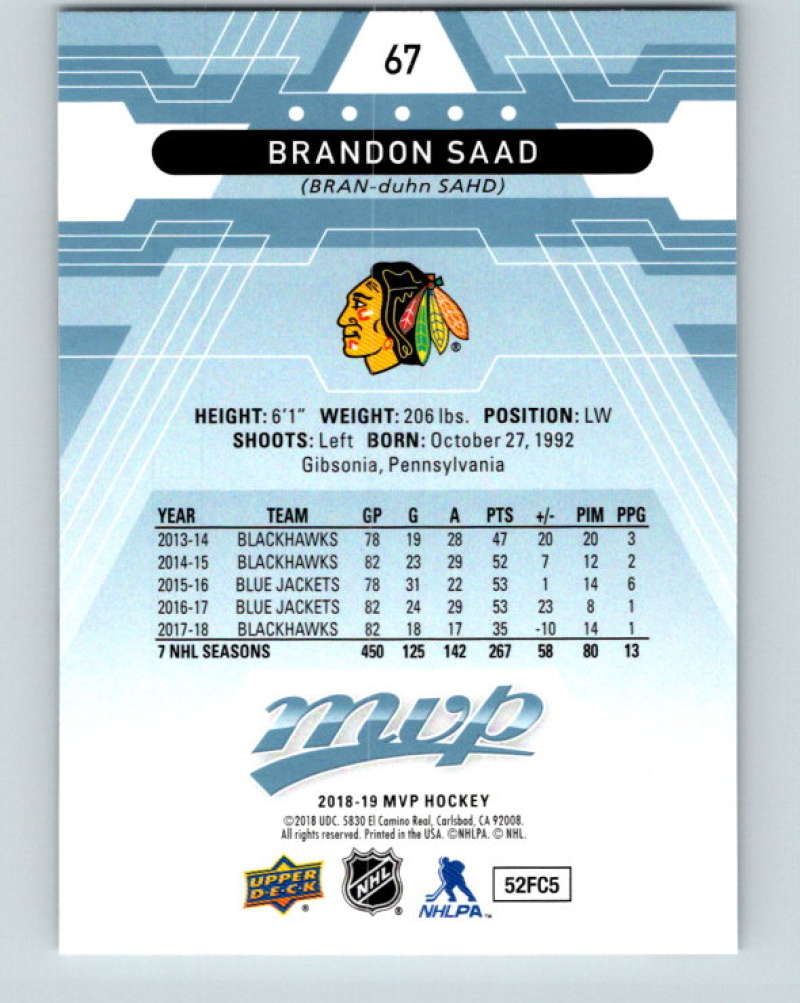 2018-19 Upper Deck MVP #67 Brandon Saad Mint Chicago Blackhawks  Image 2