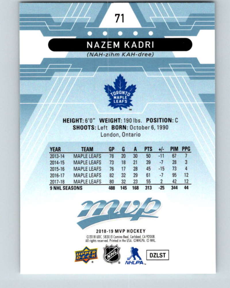 2018-19 Upper Deck MVP #71 Nazem Kadri Mint Toronto Maple Leafs  Image 2