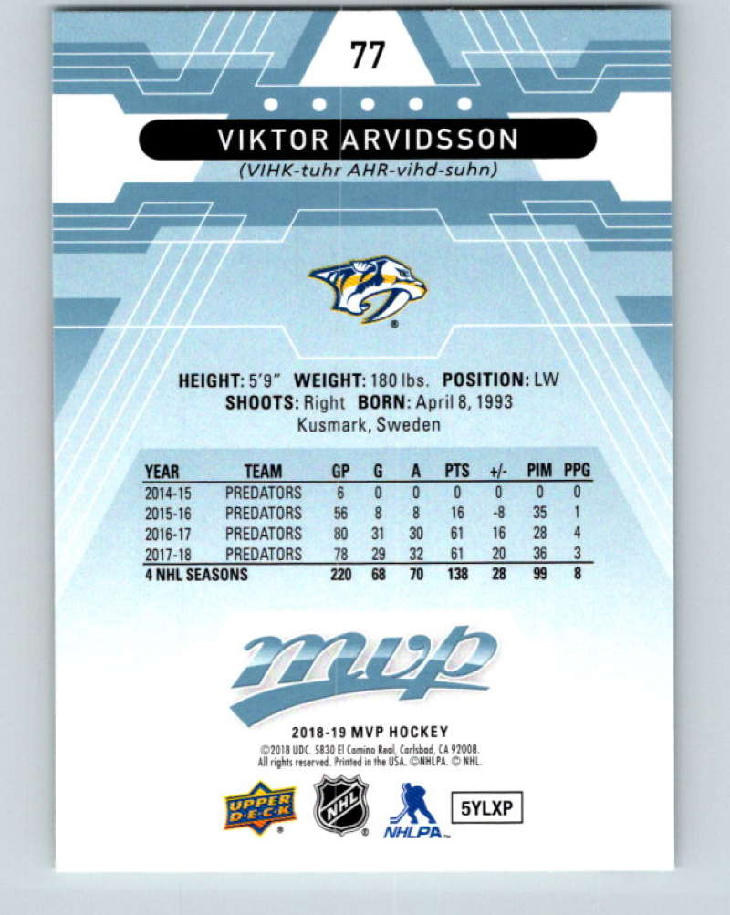 2018-19 Upper Deck MVP #77 Viktor Arvidsson Mint Nashville Predators  Image 2
