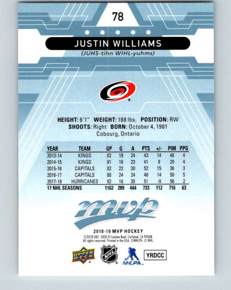 2018-19 Upper Deck MVP #78 Justin Williams Mint Carolina Hurricanes  Image 2