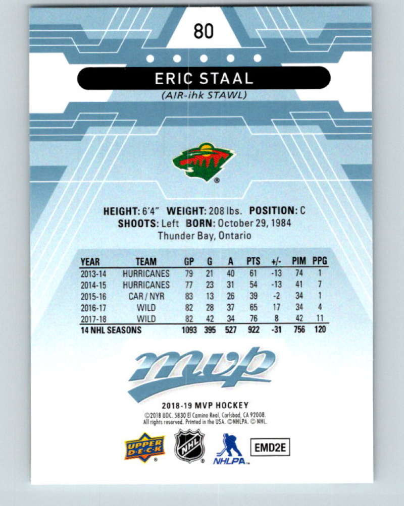 2018-19 Upper Deck MVP #80 Eric Staal Mint Minnesota Wild  Image 2