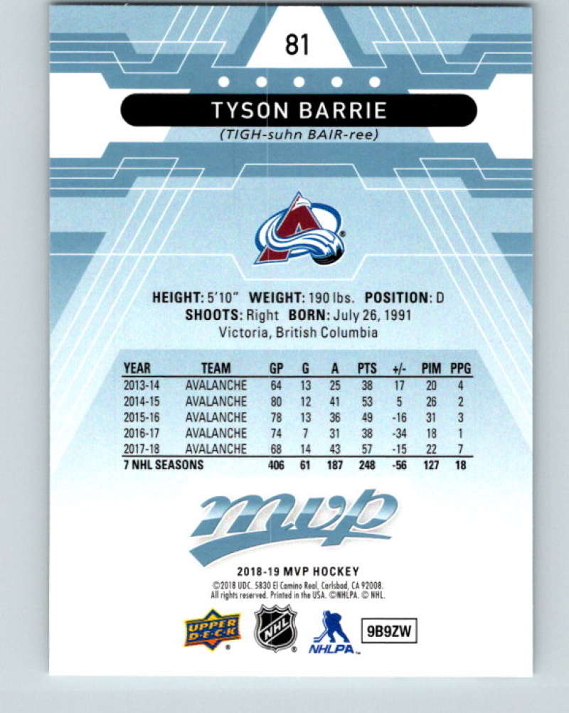 2018-19 Upper Deck MVP #81 Tyson Barrie Mint Colorado Avalanche  Image 2