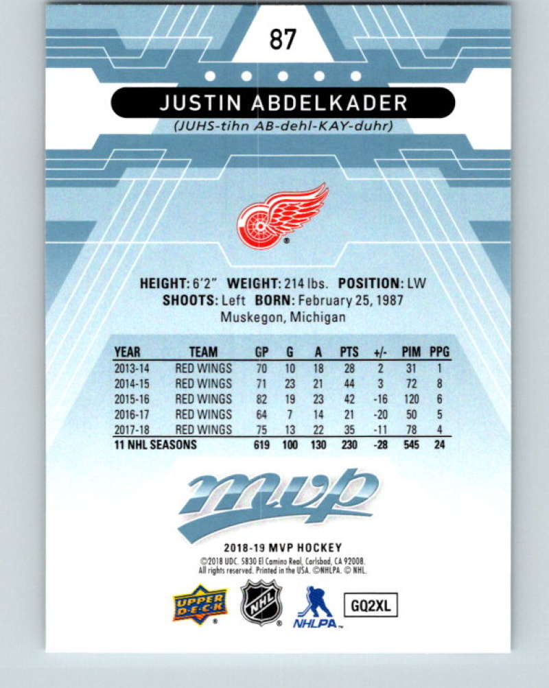 2018-19 Upper Deck MVP #87 Justin Abdelkader Mint Detroit Red Wings  Image 2