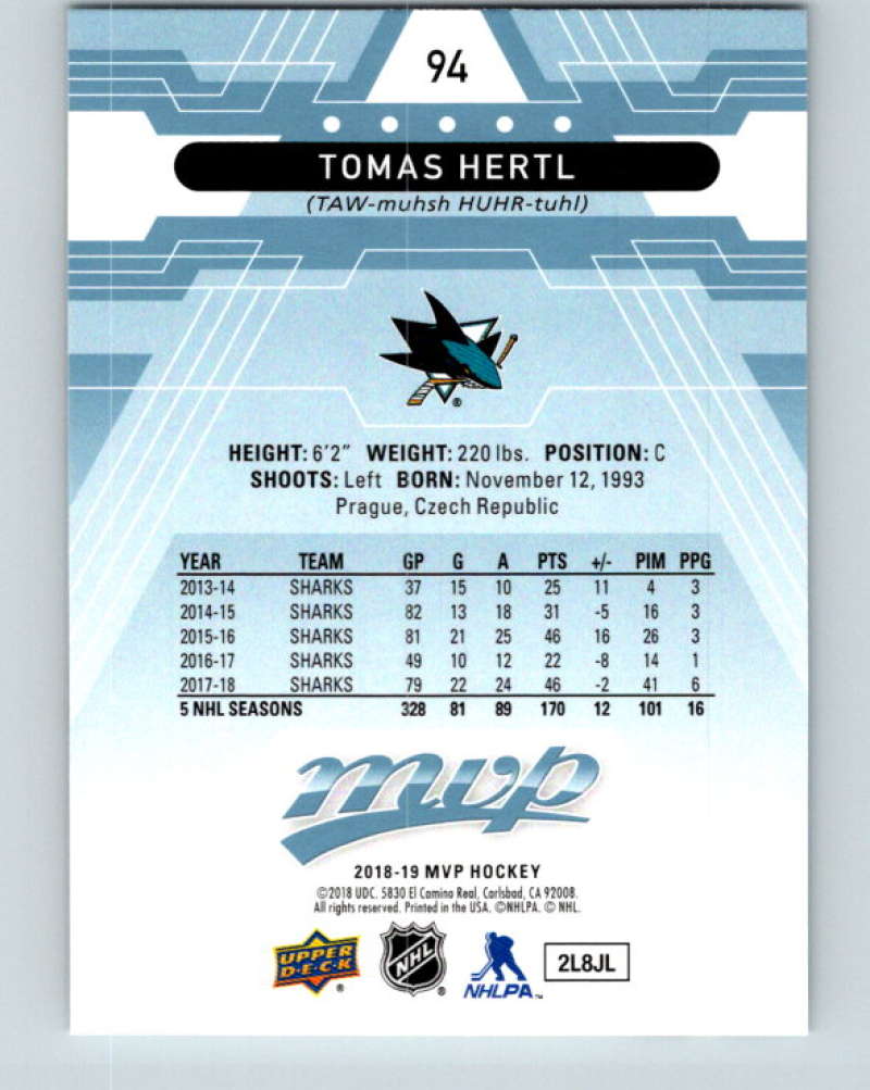2018-19 Upper Deck MVP #94 Tomas Hertl Mint San Jose Sharks  Image 2