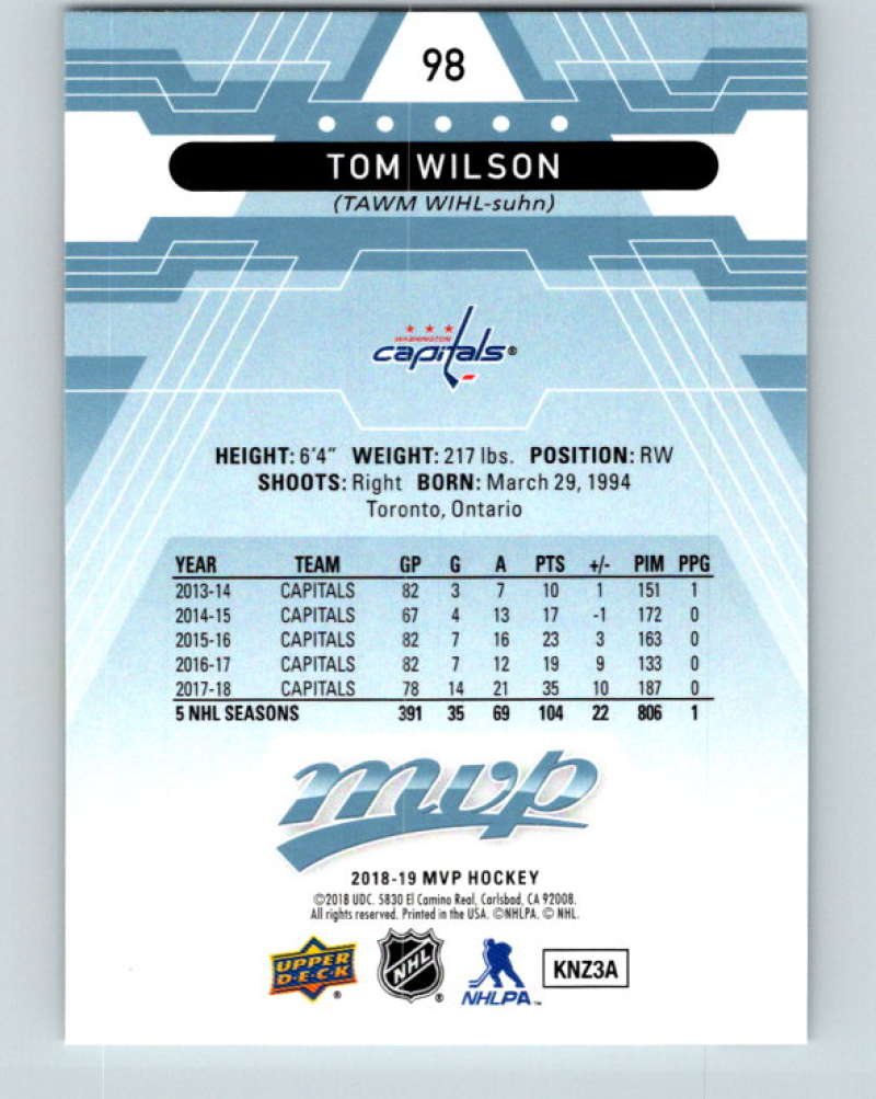 2018-19 Upper Deck MVP #98 Tom Wilson Mint Washington Capitals  Image 2