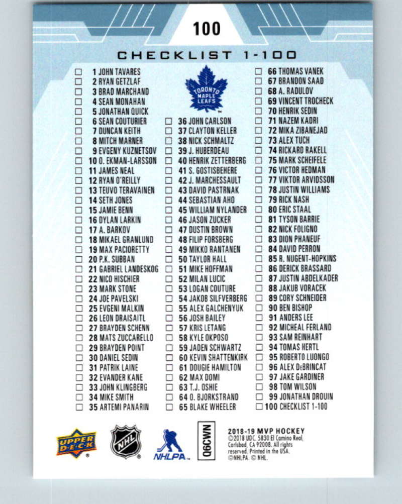 2018-19 Upper Deck MVP #100 Auston Matthews Mint Toronto Maple Leafs
