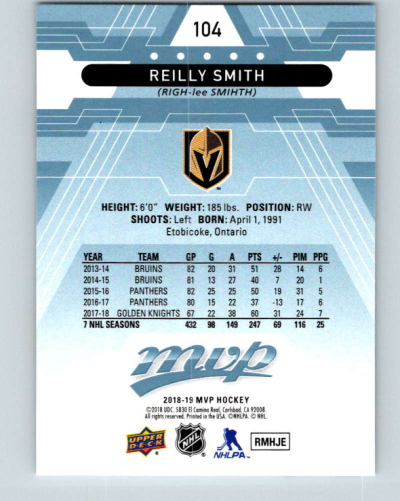 2018-19 Upper Deck MVP #104 Reilly Smith Mint Vegas Golden Knights  Image 2