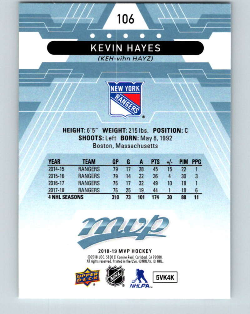 2018-19 Upper Deck MVP #106 Kevin Hayes Mint New York Rangers  Image 2