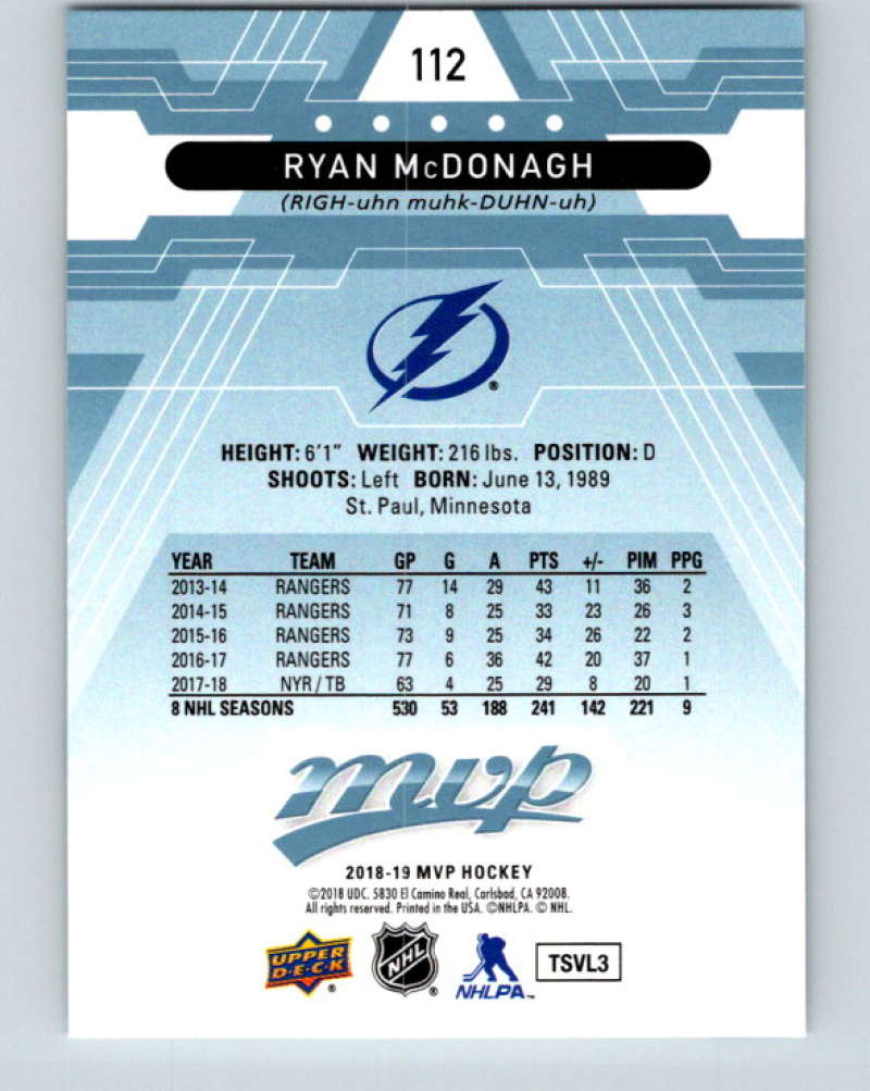 2018-19 Upper Deck MVP #112 Ryan McDonagh Mint Tampa Bay Lightning  Image 2