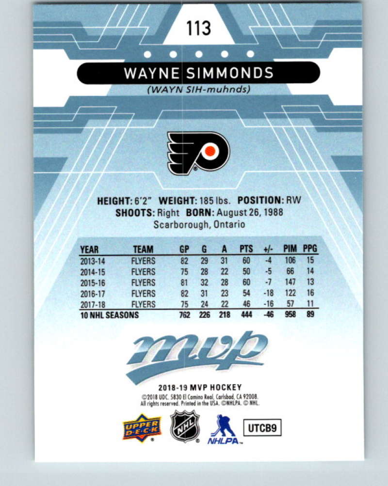 2018-19 Upper Deck MVP #113 Wayne Simmonds Mint Philadelphia Flyers  Image 2