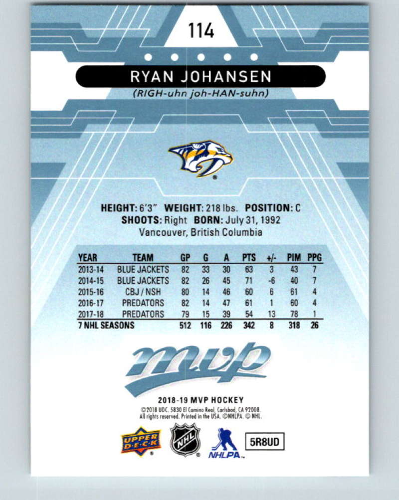 2018-19 Upper Deck MVP #114 Ryan Johansen Mint Nashville Predators  Image 2