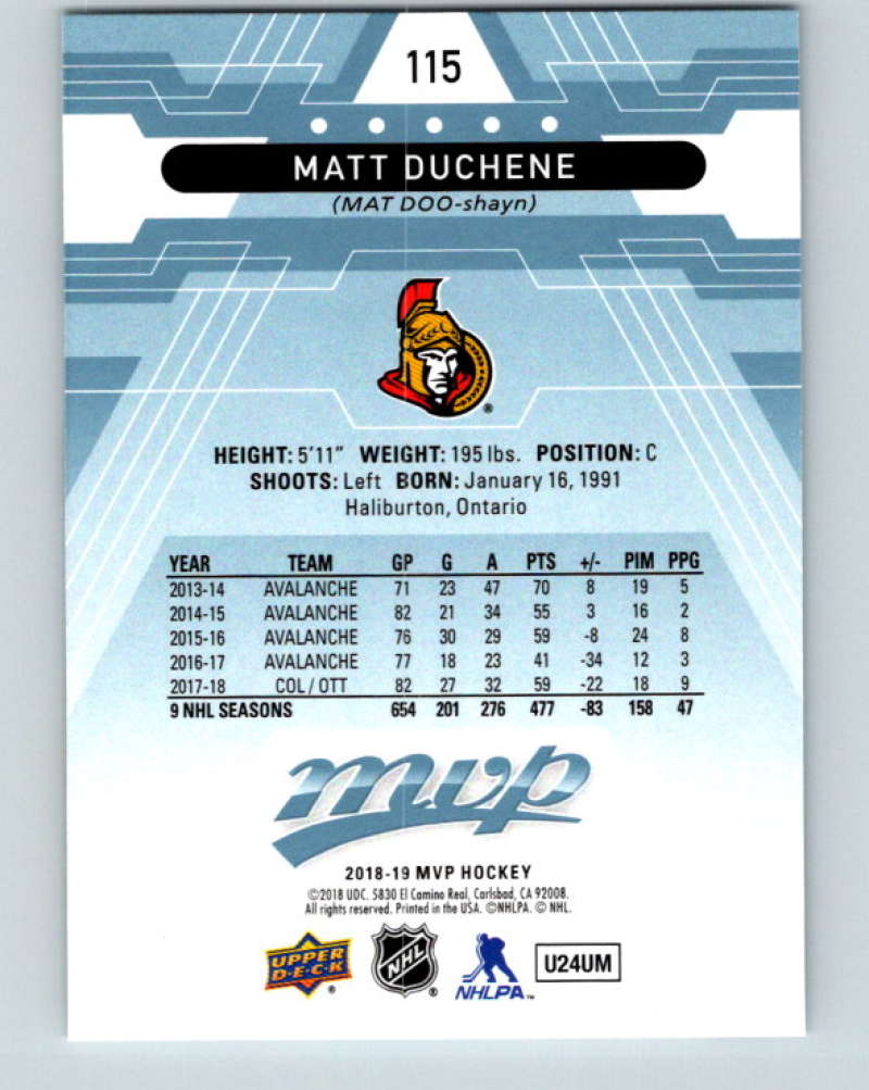 2018-19 Upper Deck MVP #115 Matt Duchene Mint Ottawa Senators  Image 2
