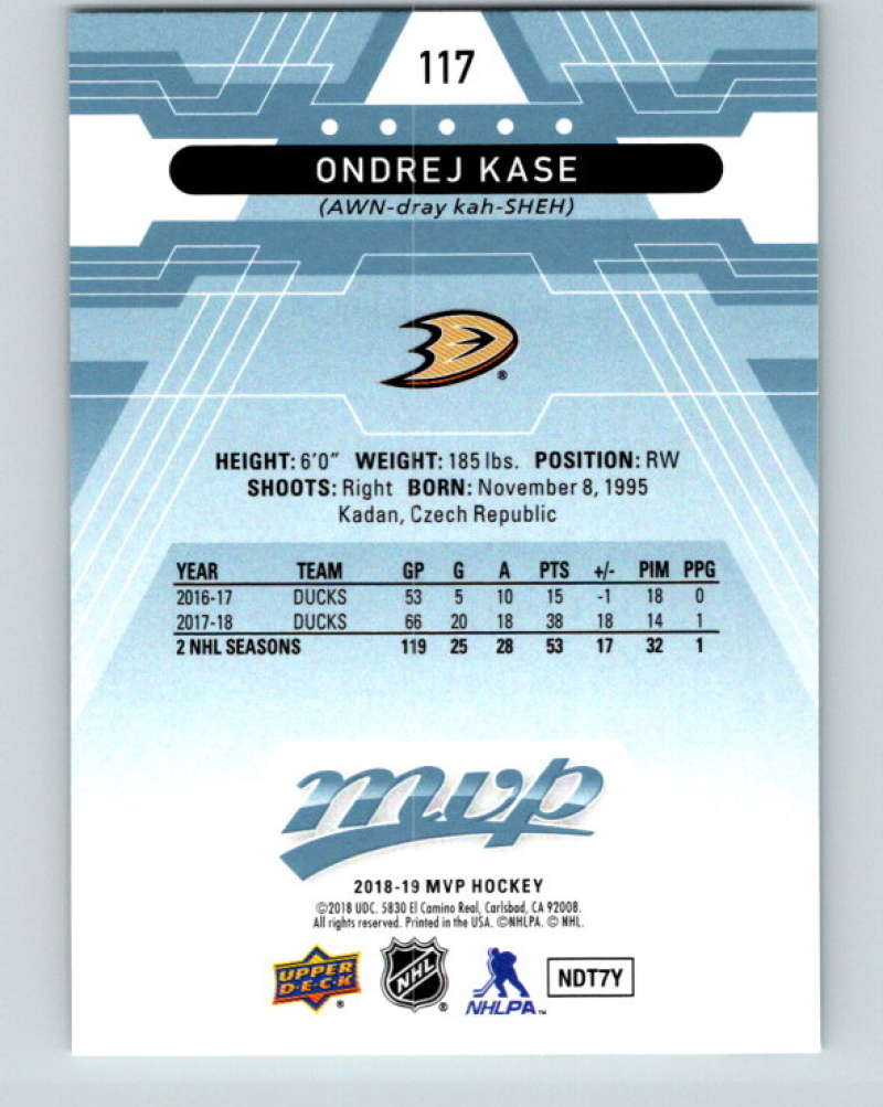 2018-19 Upper Deck MVP #117 Ondrej Kase Mint Anaheim Ducks  Image 2