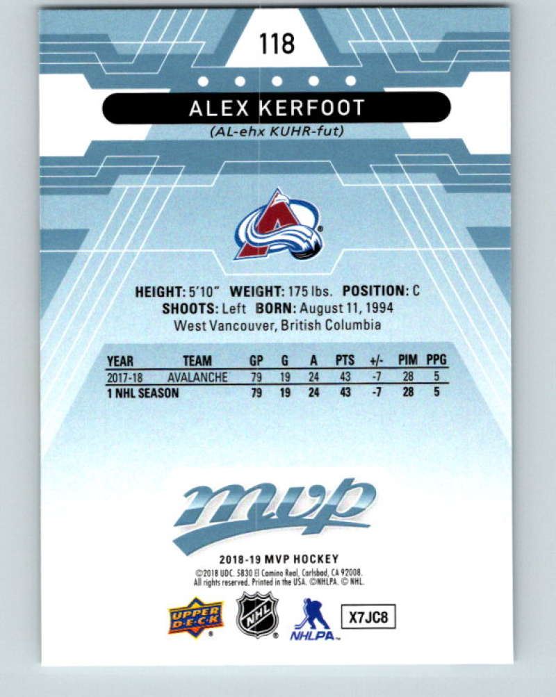 2018-19 Upper Deck MVP #118 Alex Kerfoot Mint Colorado Avalanche  Image 2