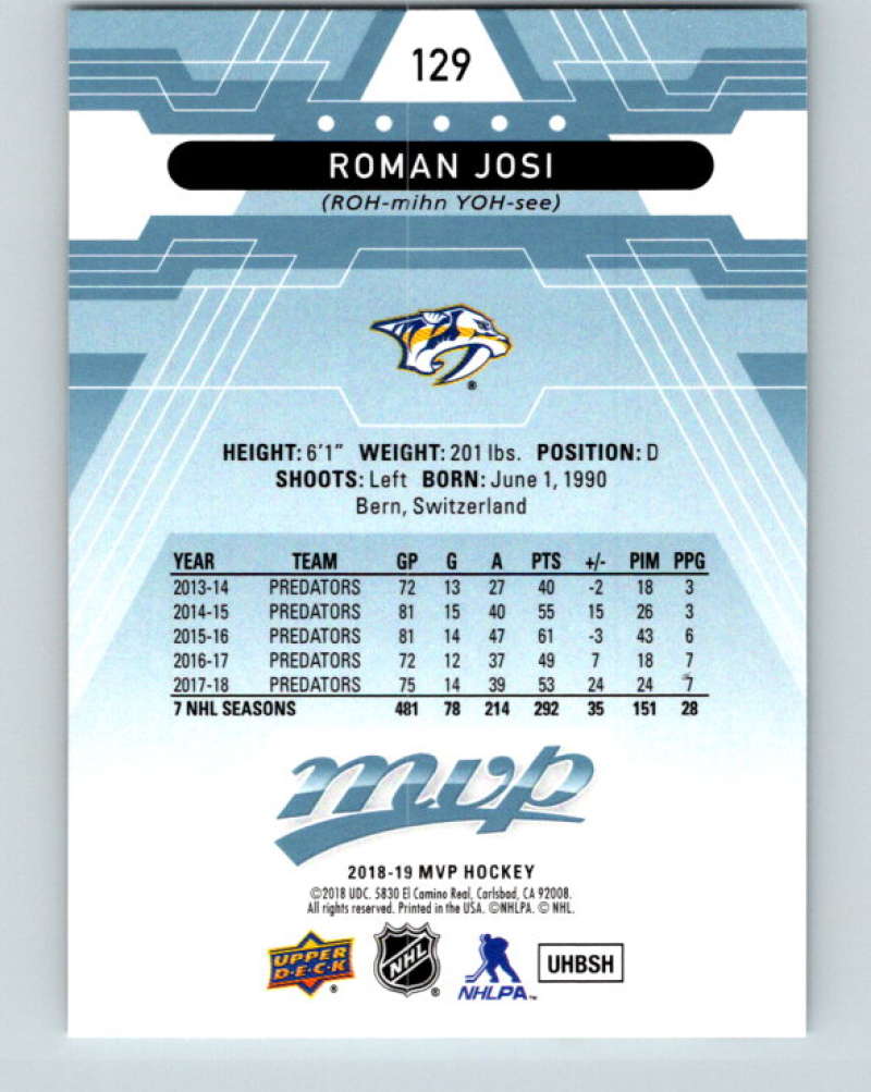 2018-19 Upper Deck MVP #129 Roman Josi Mint Nashville Predators  Image 2