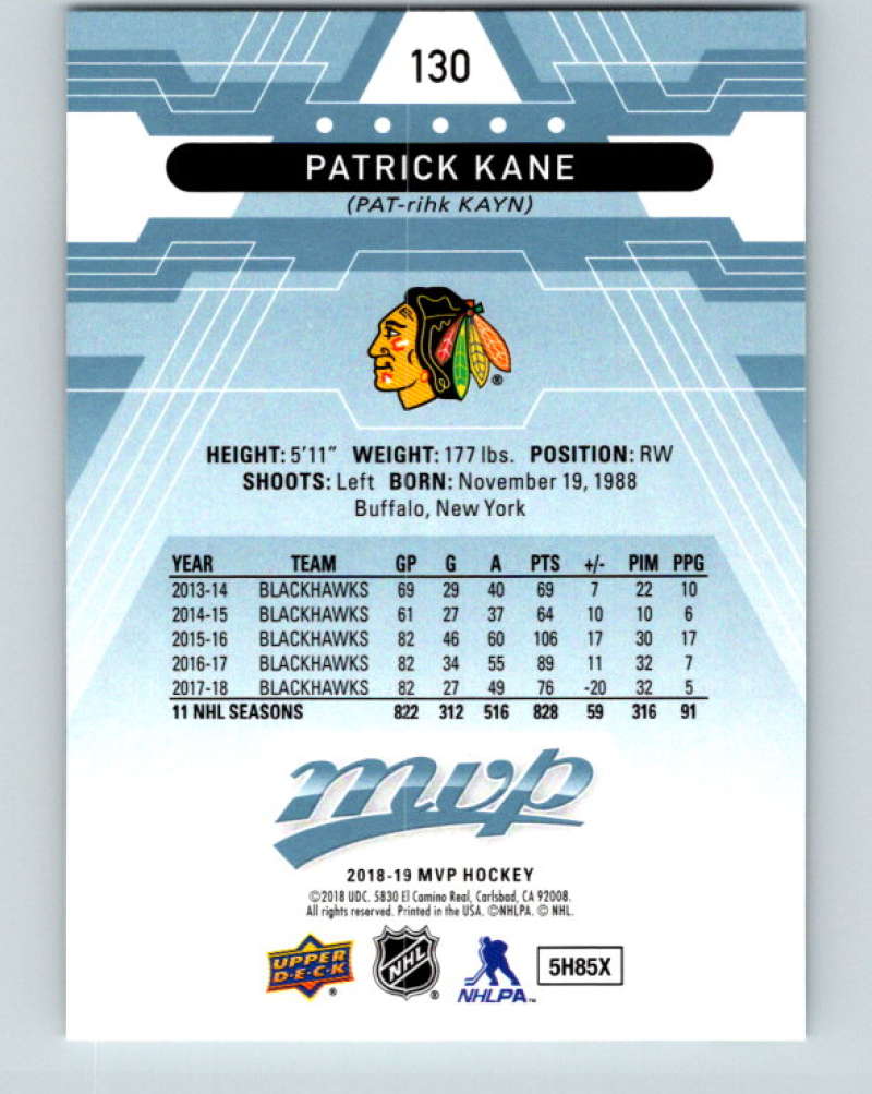 2018-19 Upper Deck MVP #130 Patrick Kane Mint Chicago Blackhawks  Image 2