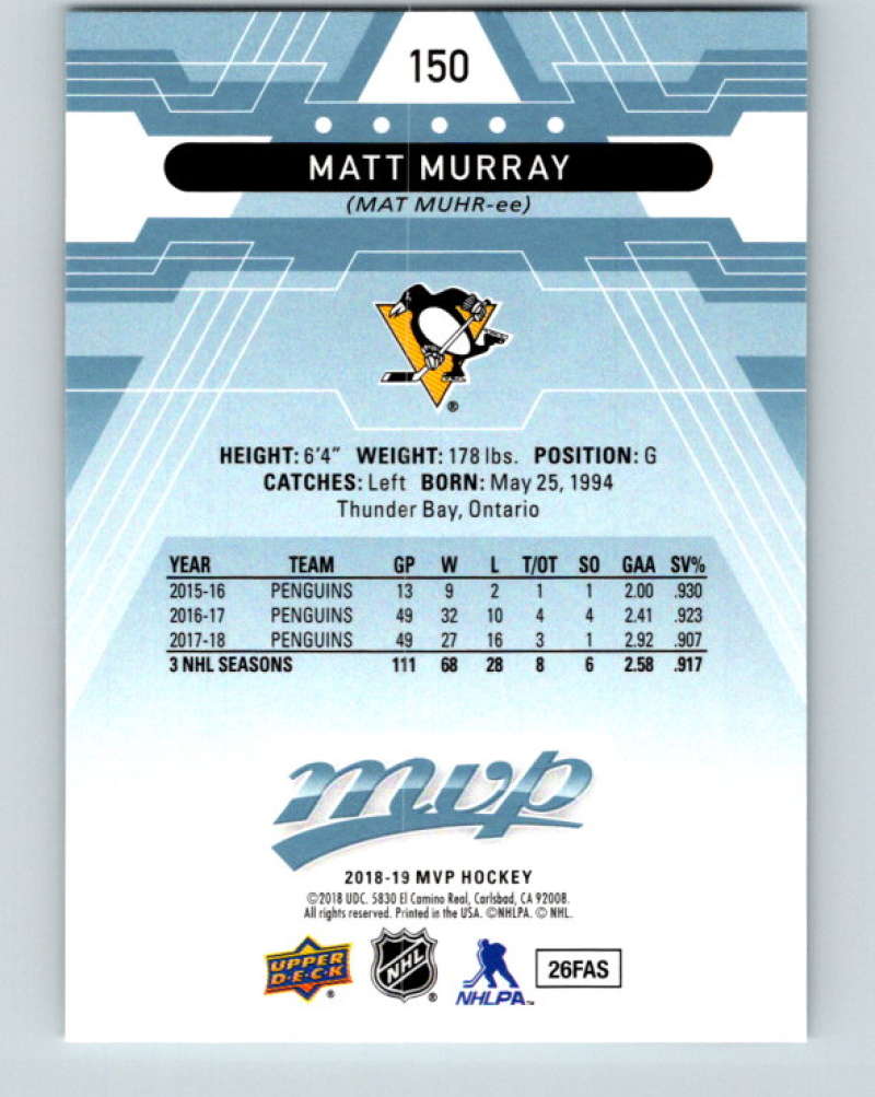 2018-19 Upper Deck MVP #150 Matt Murray Mint Pittsburgh Penguins  Image 2