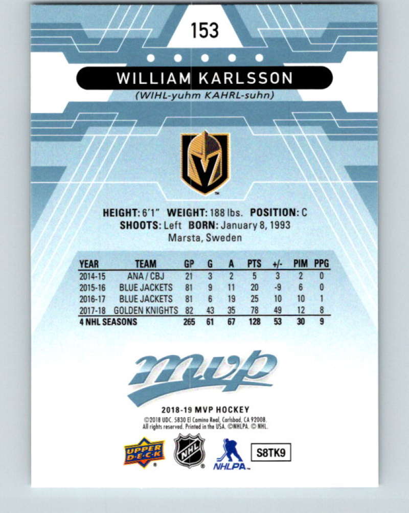 2018-19 Upper Deck MVP #153 William Karlsson Mint Vegas Golden Knights  Image 2