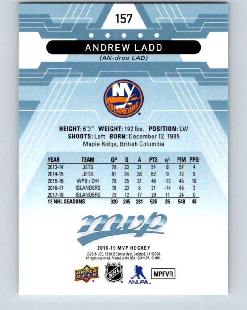 2018-19 Upper Deck MVP #157 Andrew Ladd Mint New York Islanders  Image 2