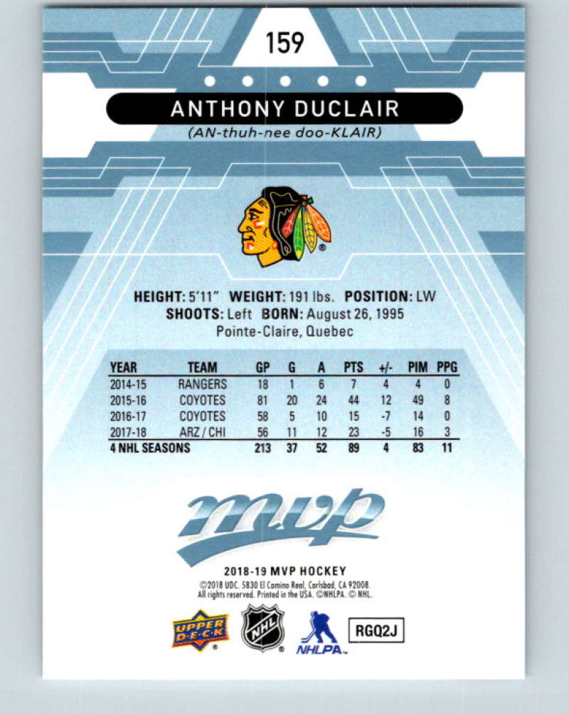 2018-19 Upper Deck MVP #159 Anthony Duclair Mint Chicago Blackhawks  Image 2