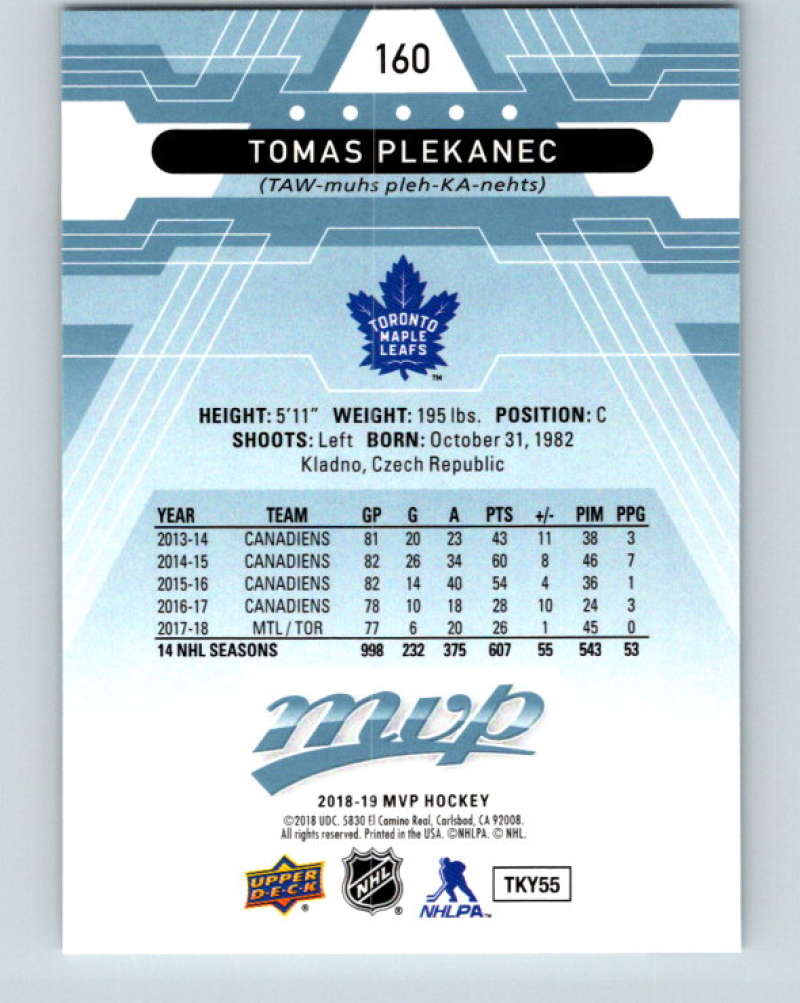 2018-19 Upper Deck MVP #160 Tomas Plekanec Mint Toronto Maple Leafs
