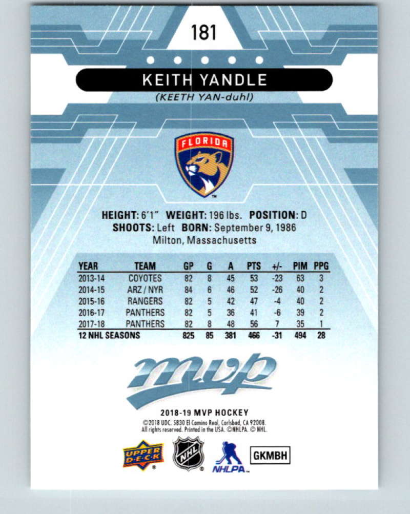 2018-19 Upper Deck MVP #181 Keith Yandle Mint Florida Panthers  Image 2